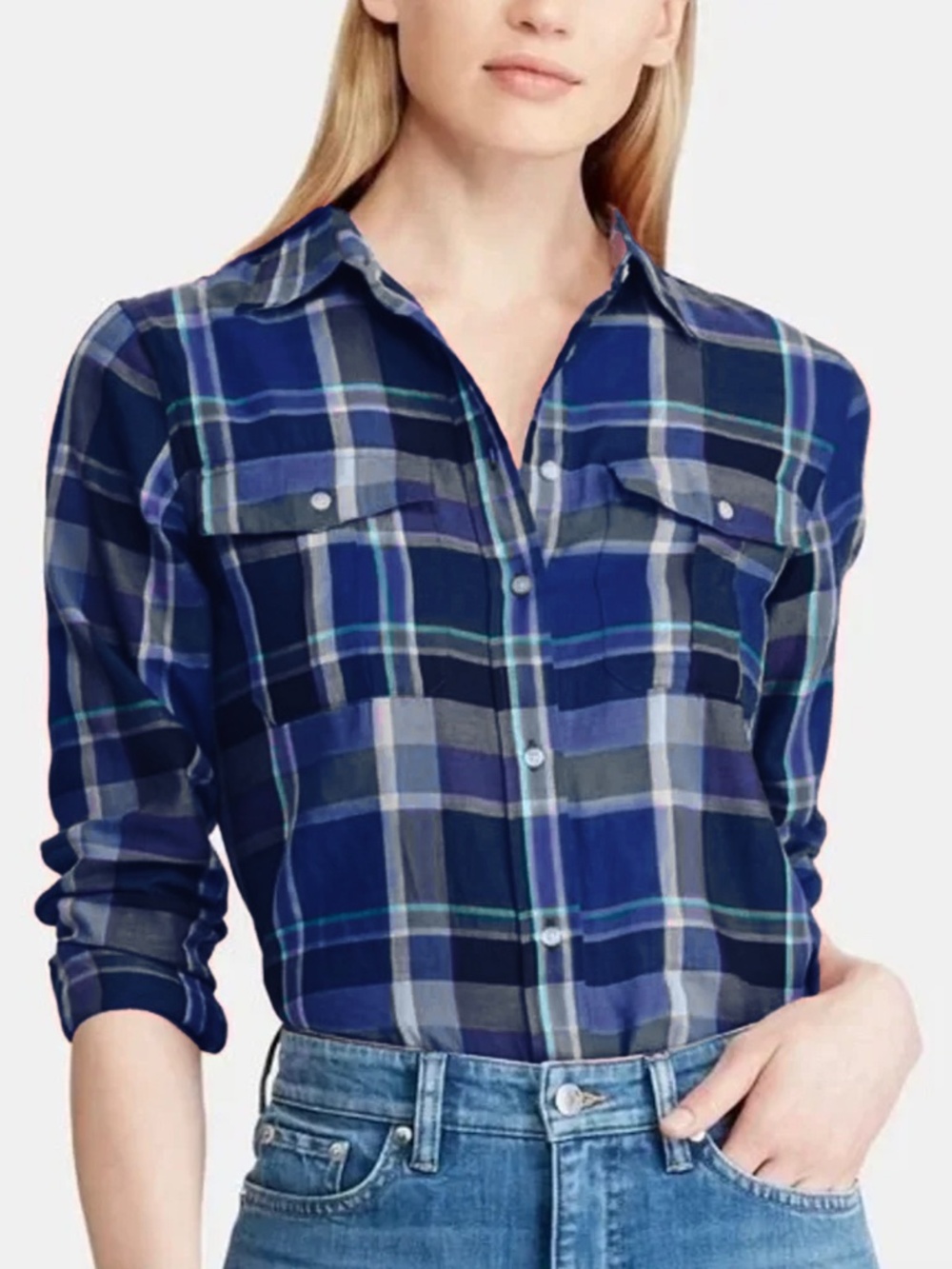 Lauren Ralph Lauren - Button Front Long Sleeve Blue Multi Plaid Shirt - XL